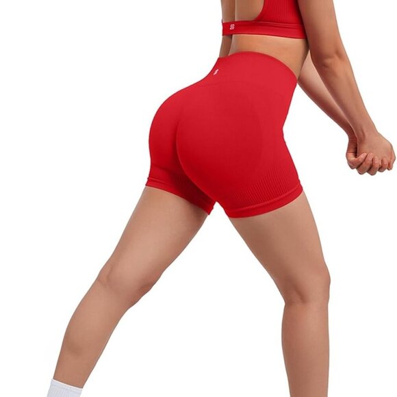 Open Back Short Sleeve Scrunch Butt Booty Shorts Seamless Ribbed Workout Sets 2 - Picture 4 of 5